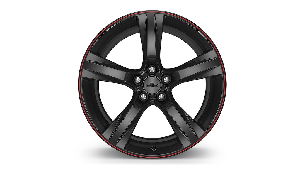 Rin de aluminio 20x8.5 pulgadas, de 5 brazos, color negro y detalles en rojo para Chevrolet Camaro 2024, auto deportivo